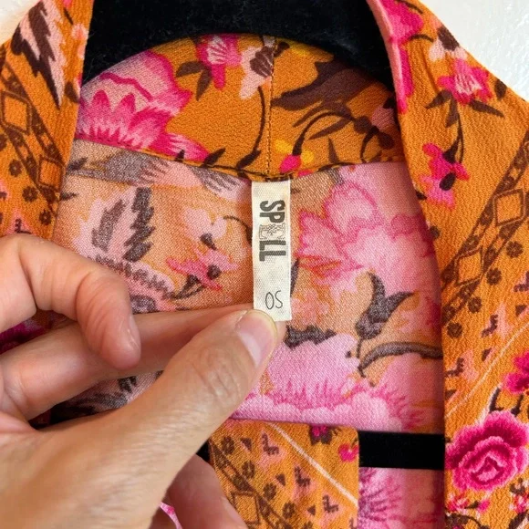 Spell Vibrant Marigold and Pink Floral Kimono w/ Belt - Picture 3 of 6